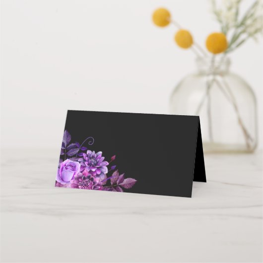 Carte De Placement Carte mariage noire. Fleurs violettes. Floral (Devant)