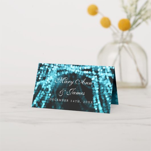 Carte De Placement Carte Place Élégant Mariage Turquoise String Lumiè (Dos)