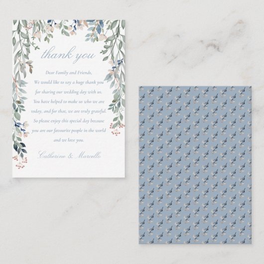 Carte De Placement Cascade florale Dusty Mariage bleu Merci (Devant / Derrière)