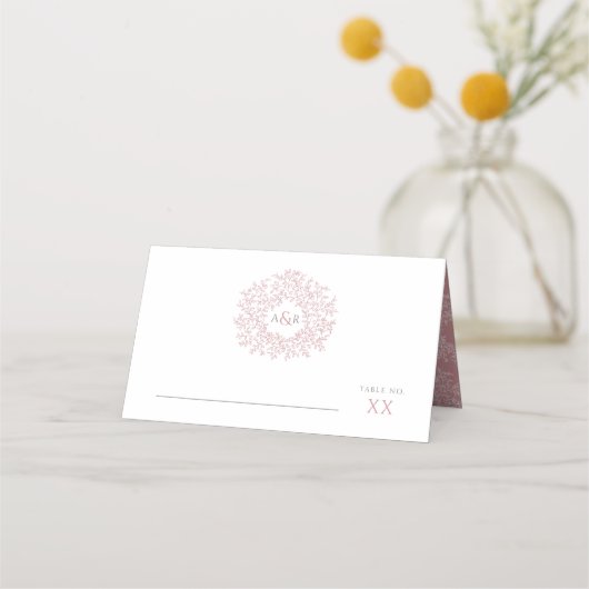 Carte De Placement Cercle de feuilles roses dessin mariage monogramme (Devant)