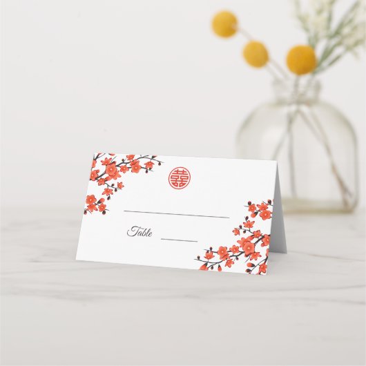 Carte De Placement Cerisier Fleur Rouge Blanc | Mariage chinois (Devant)