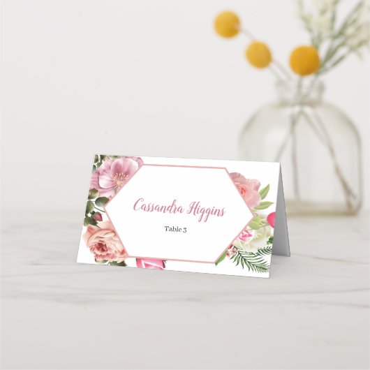 Carte De Placement Charmant Hexagone Floral Nom de l'Invité Siège (Devant)