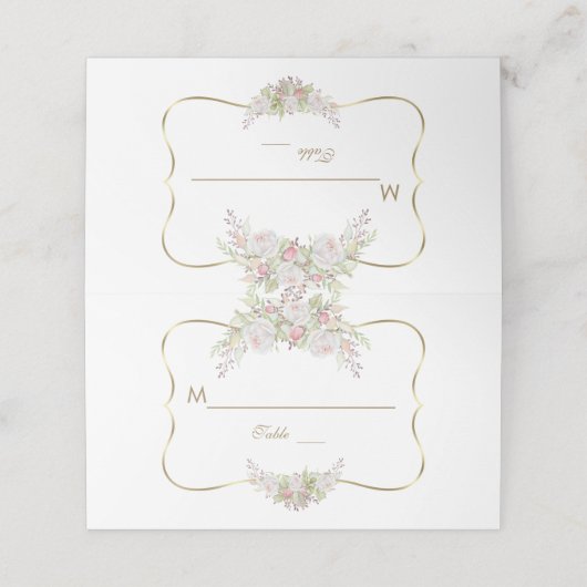 Carte De Placement Charme Fleurs blanches Mariage or Numéro de table (Extérieur déplié)