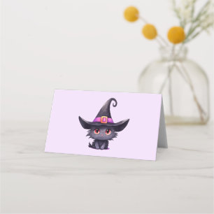 Carte De Placement Chat noir mignon portant un Casquette de sorcière
