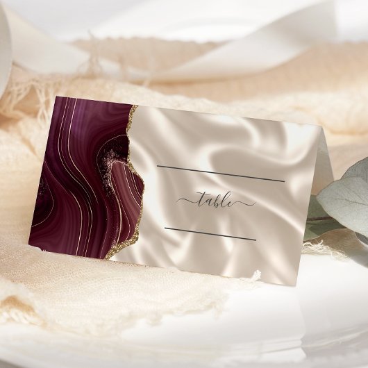 Carte De Placement Chic Bourgogne Or Agate ivoire Mariage de soie