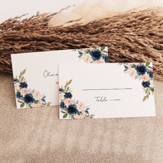 Carte De Placement Chic Navy bleu et rose pâle Mariage floral