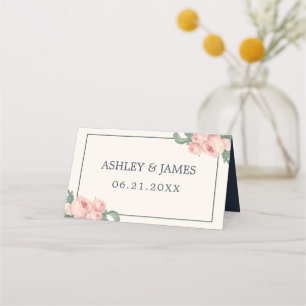 Carte De Placement Chic rose rose Vintage blanc cassé Mariage bleu fo