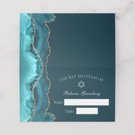 Carte De Placement Chic Turquoise Gold Agate Bat mitzvah Party (Extérieur déplié)