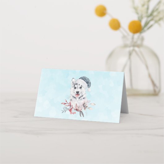 Carte De Placement Chien de Noël Husky dans un chapeau de Père Noël (Devant)