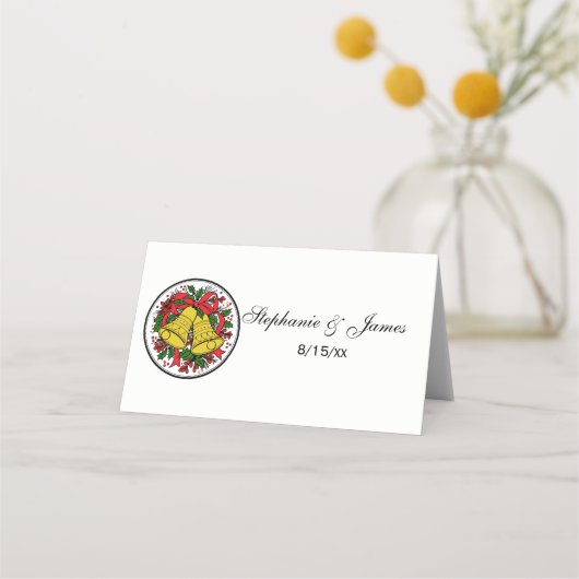 Carte De Placement Christmas Bells Holly Ruban Rouge (Devant)