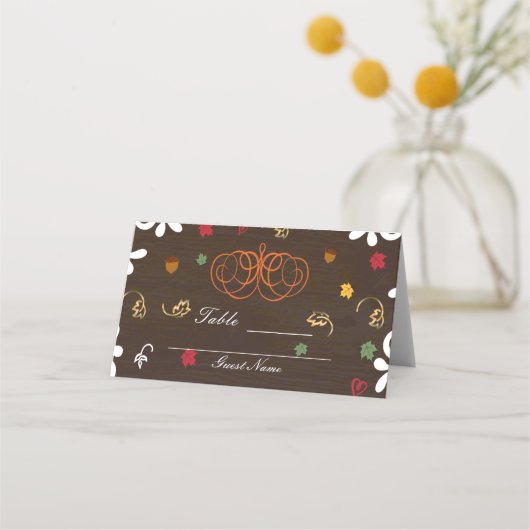 Carte De Placement Chute en Amour Citrouille Feuilles et table en boi (Dos)