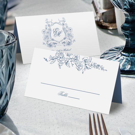 Carte De Placement Cimier Floral Bleu Monogramme Mariage élégant