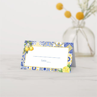 Carte De Placement Citron Positano Carreaux bleus Mariage méditerrané