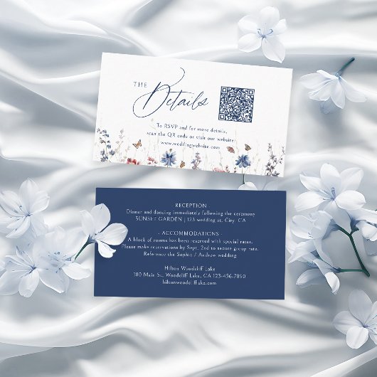 Carte De Placement Code QR Mini Détails Fleur de la Mariée Navy Rusti