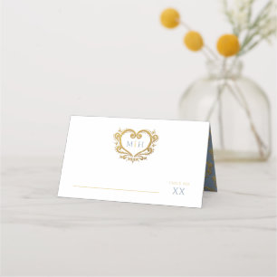 Carte De Placement Coeur décoratif or monogramme mariage bleu poussié