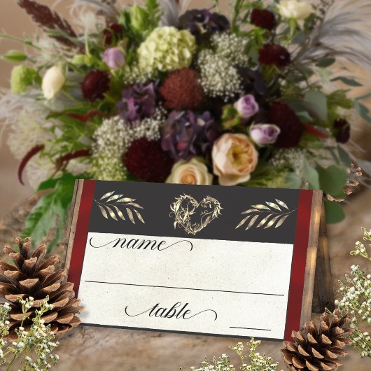 Carte De Placement Cœur rustique et monogramme - Rouge