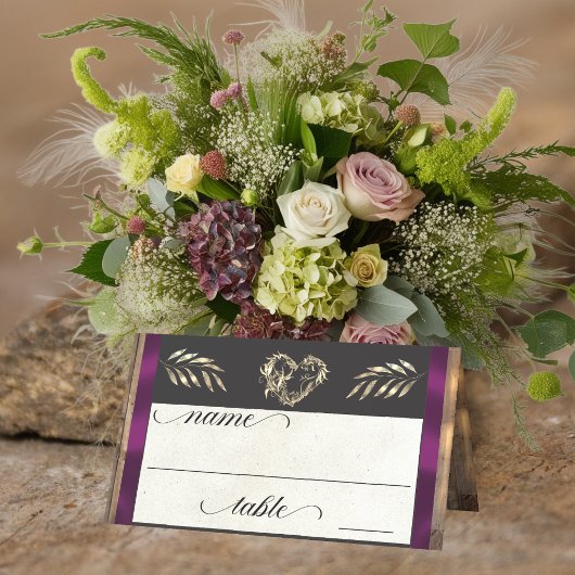 Carte De Placement Cœur rustique & monogramme - prune