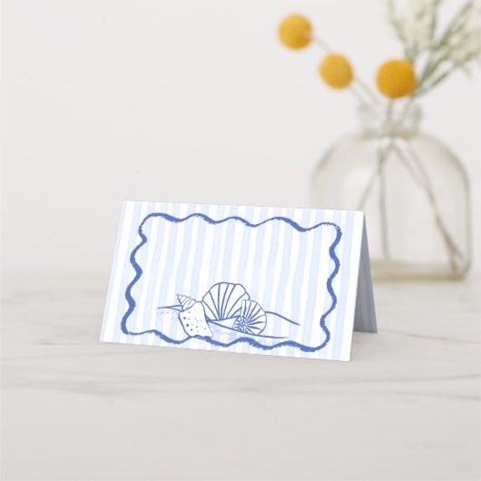 Carte De Placement Coquillages bleu ondulé bordé mariage plage (Devant)