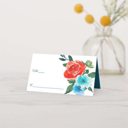 Carte De Placement Corail et Aqua Floral Mariage (Devant)