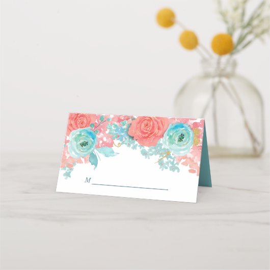 Carte De Placement Coral rose et Aqua Mariage Floral (Devant)