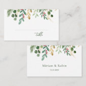 Carte De Placement Couronne de Noël de mariage avec feuillage vert et (Devant / Derrière)