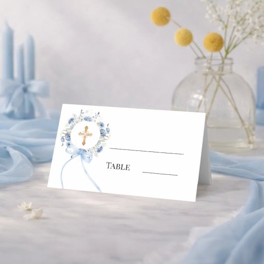 Carte De Placement Couronne florale bleue croix dorée baptême garçon