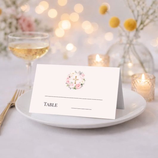 Carte De Placement Couronne florale rose croix dorée baptême