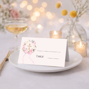 Carte De Placement Couronne florale rose ruban à nœud doré
