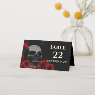 Carte De Placement Crâne éffrayant et roses rouges Mariage gothique d