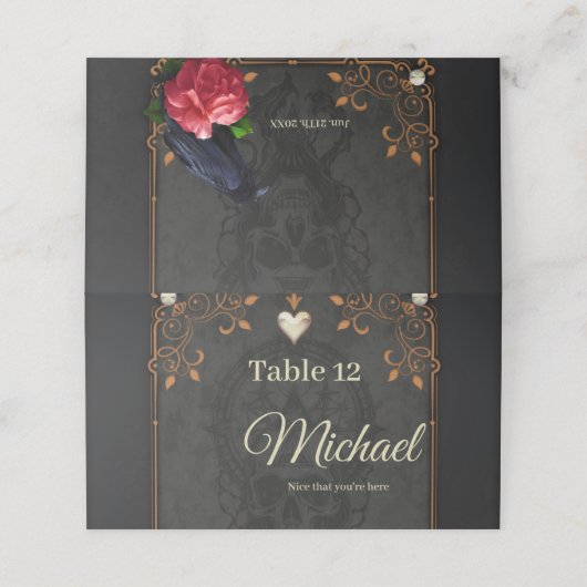 Carte De Placement Crâne gothique et corbeau. (Extérieur déplié)