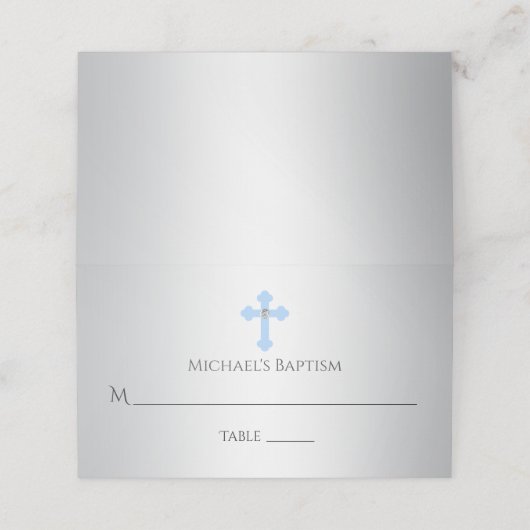 Carte De Placement Croix Bleue argentée | Garçon (Extérieur déplié)