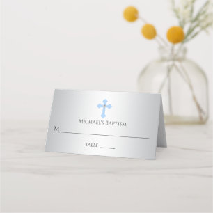 Carte De Placement Croix Bleue en Argent pour Baptême   Garçon