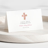 Carte De Placement Croix florale rose Première communion religieuse