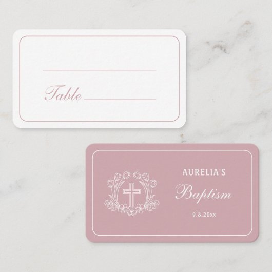 Carte De Placement Croix florale simple sur le baptême rose (Devant / Derrière)