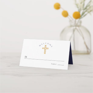 Carte De Placement Croix Religieuse Élégante Bleu Marine Garçon Baptê