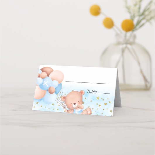 Carte De Placement Cute Teddy Ours Bleu Garçon Baptême (Devant)