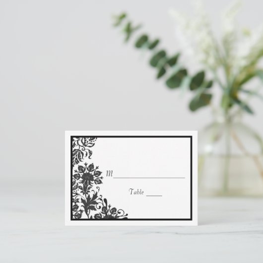 Carte De Placement Damas florales noir et blanc | Plat personnalisé (Debout devant)