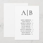 Carte de placement de mariage alphabétique calligr (Devant / Derrière)