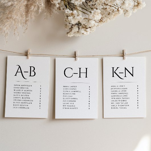 Carte de placement de mariage alphabétique individ