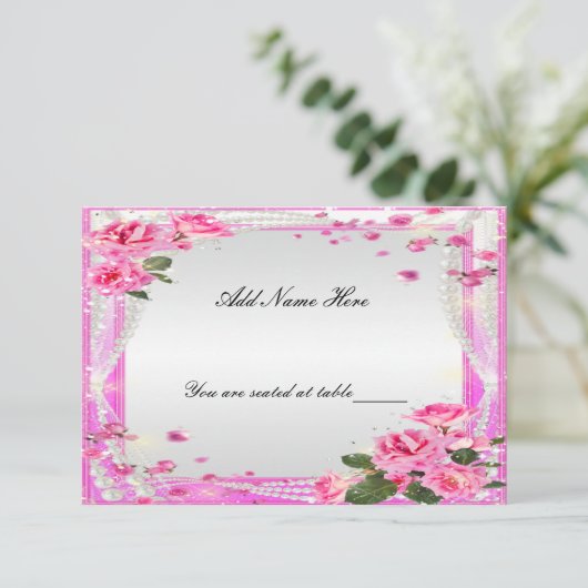 Carte de placement de table Roses roses et Perles (Debout devant)