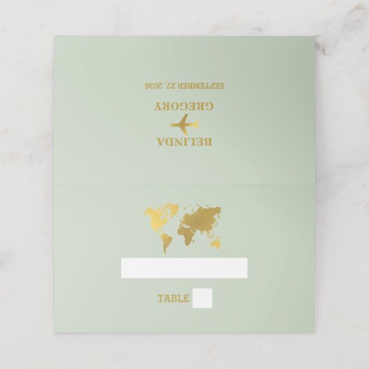 Carte De Placement Destination Mariage Monde Passport Sage Vert Or (Extérieur déplié)