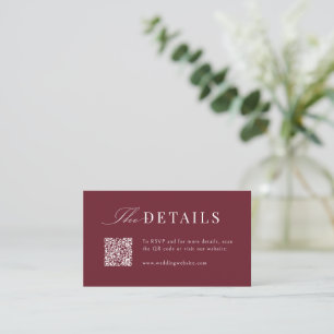 Carte De Placement Détails de code QR bordeaux de script simple éléga
