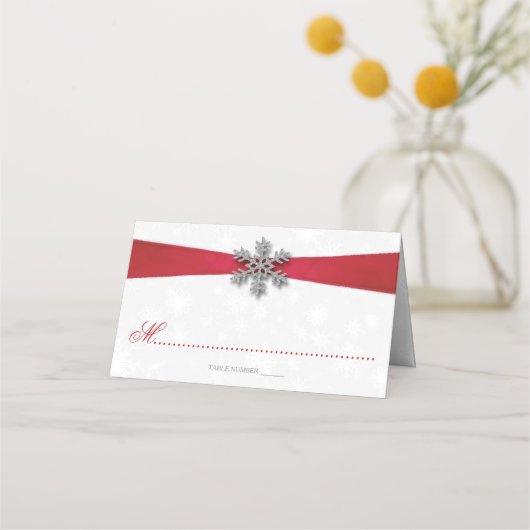 Carte De Placement Diamante Flocon de neige et Ruban rouge Mariage d' (Devant)