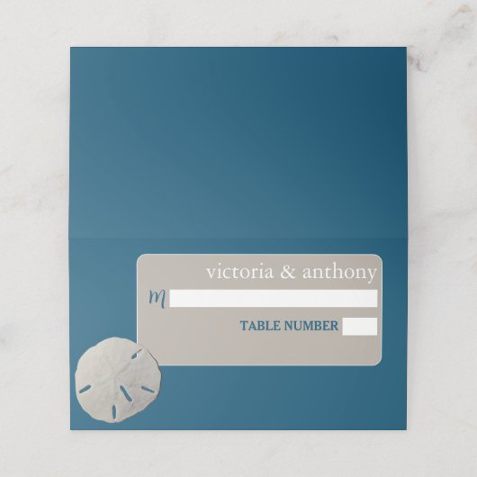 Carte De Placement Dollar de sable, Mariage Ocean Blue Beach (Extérieur déplié)
