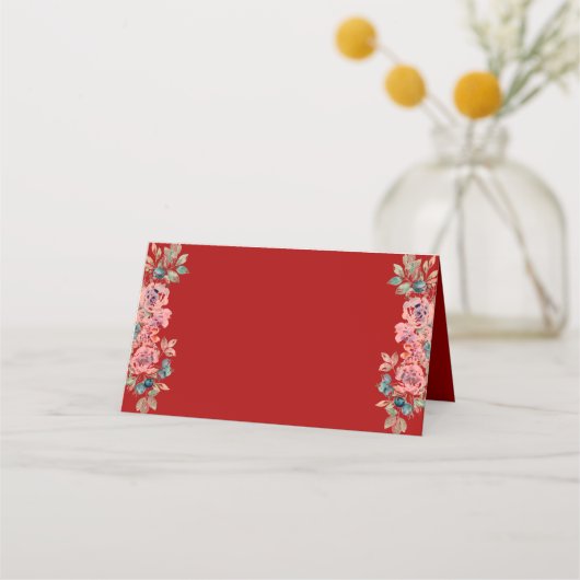 Carte De Placement Double bonheur chinois rouge mariage fleuri rustiq (Devant)