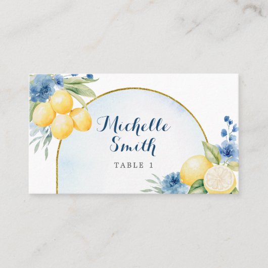 Carte De Placement Douche nuptiale à fleurs bleues citron principal (Devant)