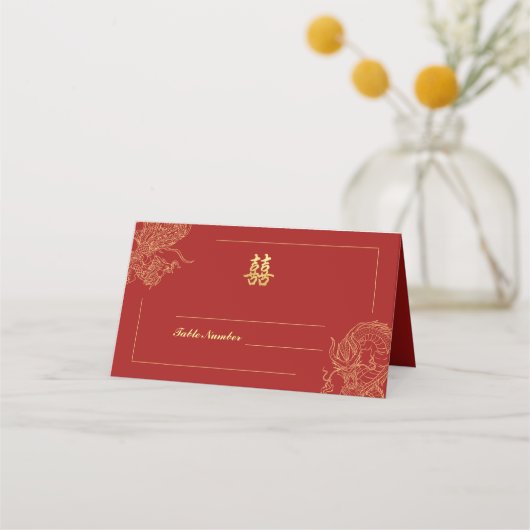 Carte De Placement Dragon Phoenix traditionnel Mariage chinois rouge (Devant)