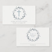 Carte De Placement Dusky Blue Floral Laurel Wreath Monogramme Baptême (Devant / Derrière)
