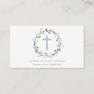 Carte De Placement Dusky Blue Floral Laurel Wreath Monogramme Baptême