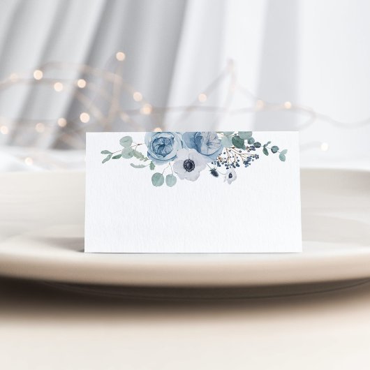 Carte De Placement Dusty bleu floral élégant anemone mariage